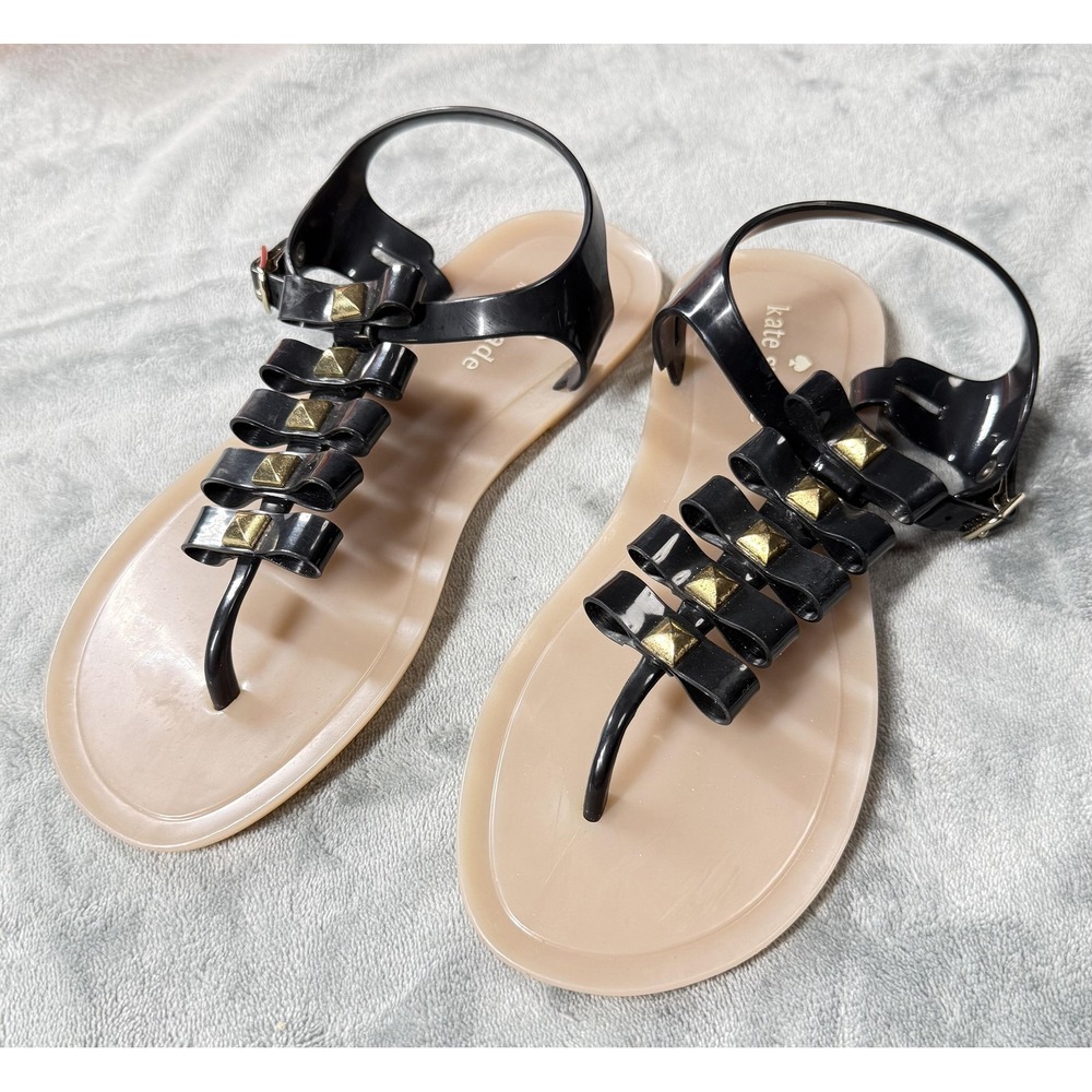 Kate Spade Sandals Shoes Womens Size 7 Black Fierce Jelly Bow Studded Thong‎